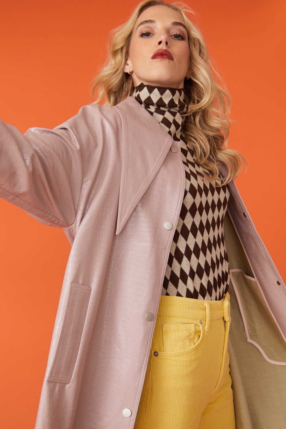 Baby Pink Oversized Faux Suede Leather Trench Coat with Exaggerated Collar-Faux Leather Jackets-Buy Me Fur Ltd-Baby Pink-S-M-Elastane - Viscose Blend-Urbanheer