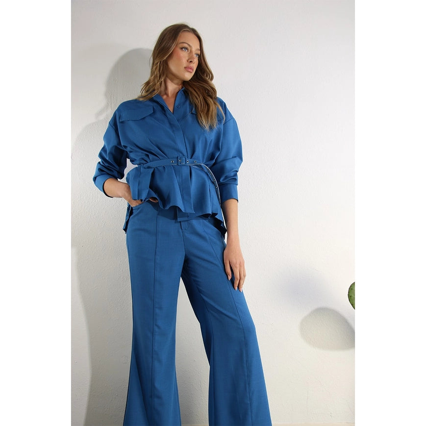 Back Pleats Long Sleeve Top And Pants Set-Set-Mulla-S-COBALT BLUE-Urbanheer