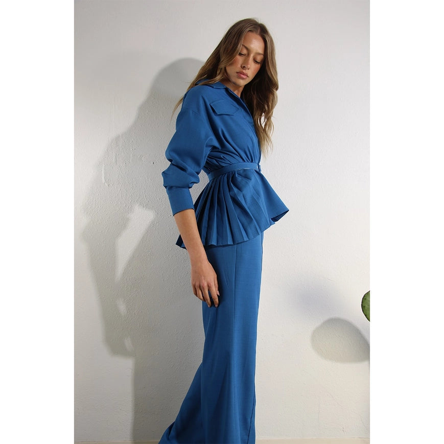 Back Pleats Long Sleeve Top And Pants Set-Set-Mulla-S-COBALT BLUE-Urbanheer