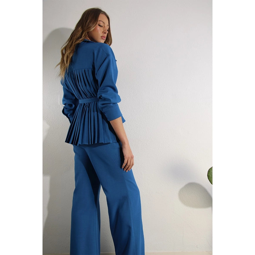 Back Pleats Long Sleeve Top And Pants Set-Set-Mulla-S-COBALT BLUE-Urbanheer