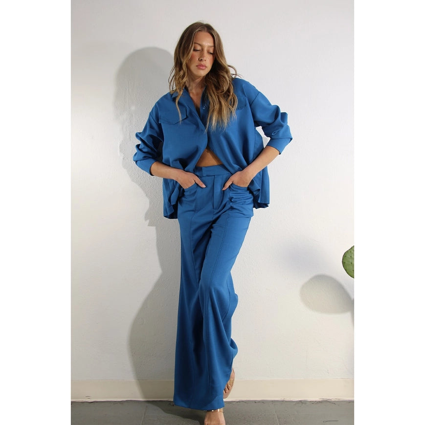 Back Pleats Long Sleeve Top And Pants Set-Set-Mulla-S-COBALT BLUE-Urbanheer