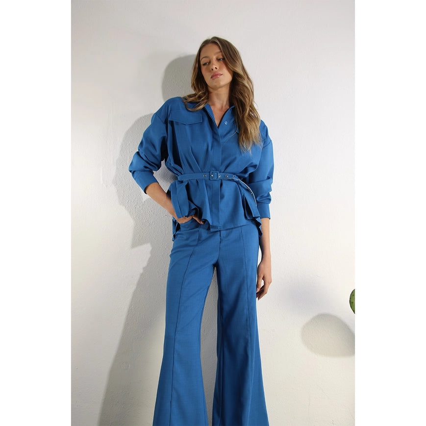 Back Pleats Long Sleeve Top And Pants Set-Set-Mulla-S-COBALT BLUE-Urbanheer