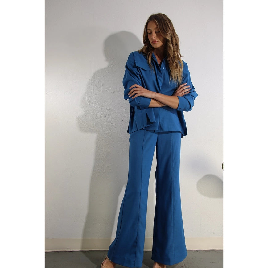Back Pleats Long Sleeve Top And Pants Set-Set-Mulla-S-COBALT BLUE-Urbanheer