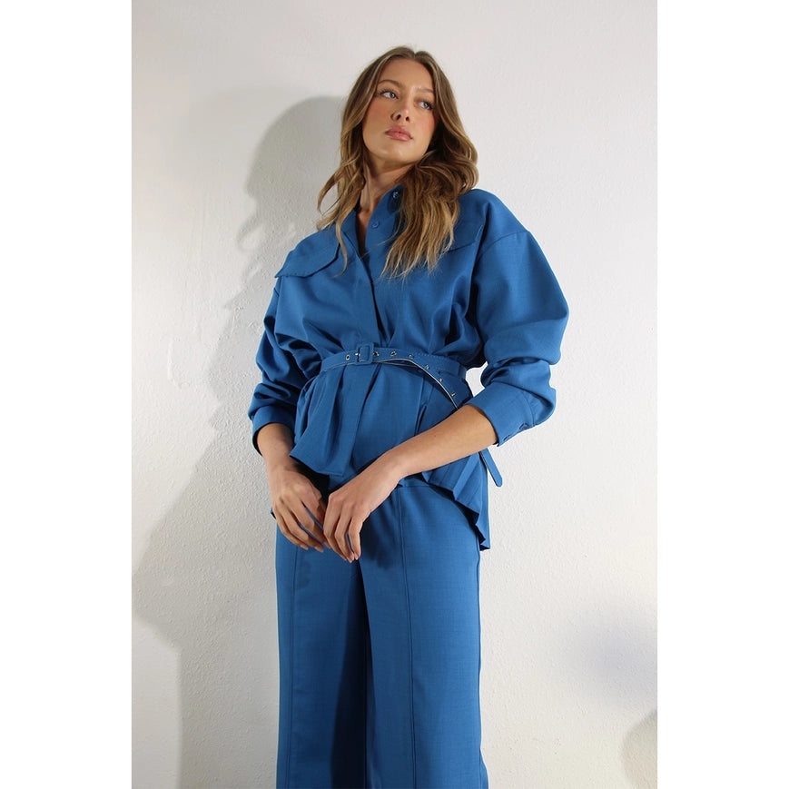 Back Pleats Long Sleeve Top And Pants Set-Set-Mulla-S-COBALT BLUE-Urbanheer