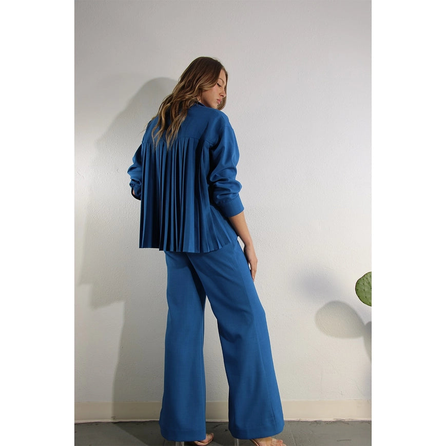 Back Pleats Long Sleeve Top And Pants Set-Set-Mulla-S-COBALT BLUE-Urbanheer