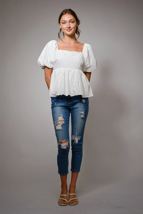 Back Tie Puff Sleeve Peplum Top