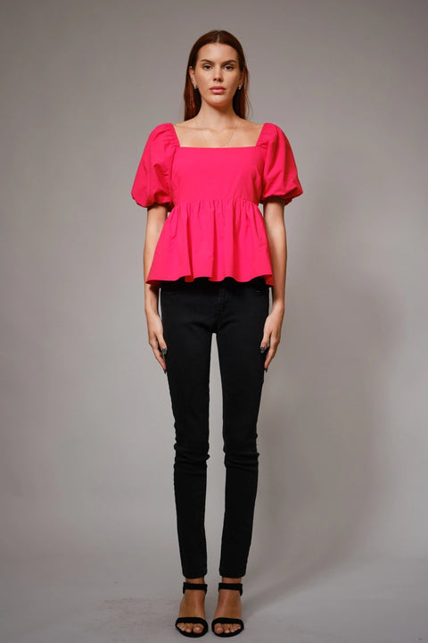 Back Tie Puff Sleeve Peplum Top