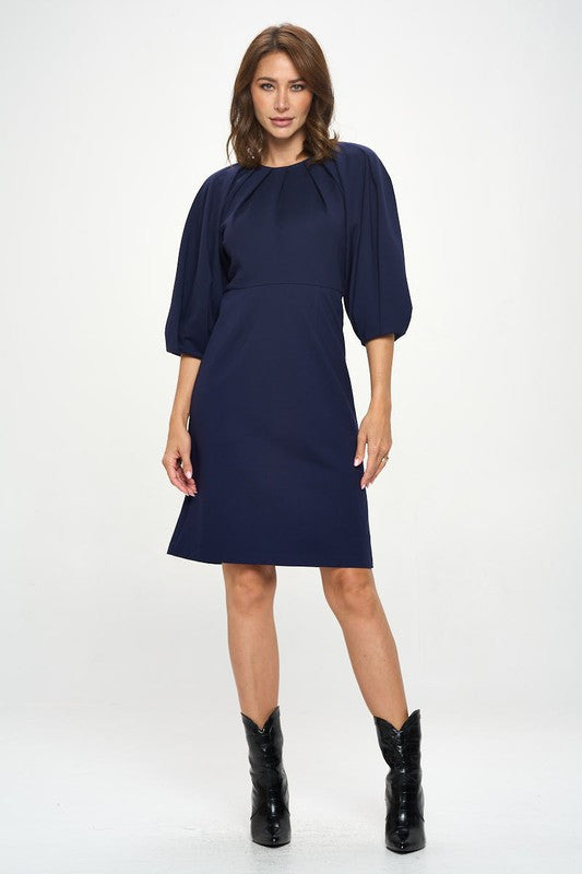 Balloon Sleeve Dress-Dresses-Reneecollection-Small-NAVY-Urbanheer