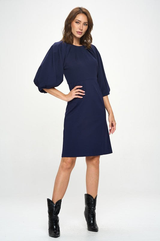 Balloon Sleeve Dress-Dresses-Reneecollection-Small-NAVY-Urbanheer
