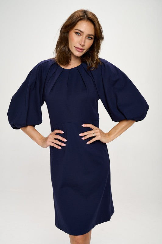 Balloon Sleeve Dress-Dresses-Reneecollection-Small-NAVY-Urbanheer