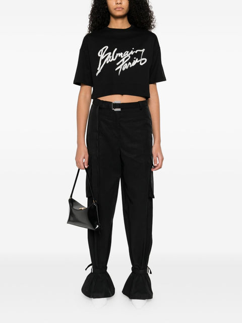 Balmain Cropped T-shirt with flocked Letter logo
