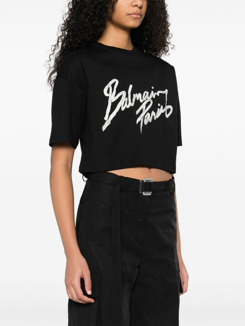 Balmain Cropped T-shirt with flocked Letter logo