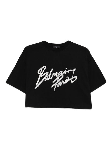 Balmain Cropped T-shirt with flocked Letter logo