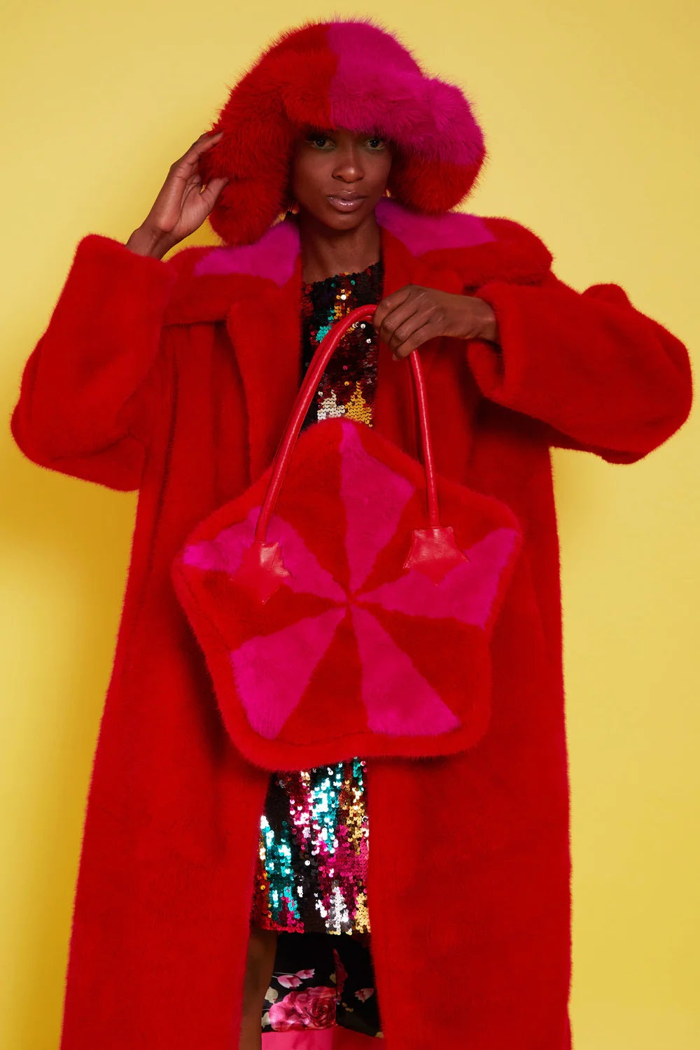 Bamboo Faux Fur Red Midi Coat with Pink Collar-Faux Fur Coats-Buy Me Fur Ltd-S-M-Red-Bamboo-Urbanheer