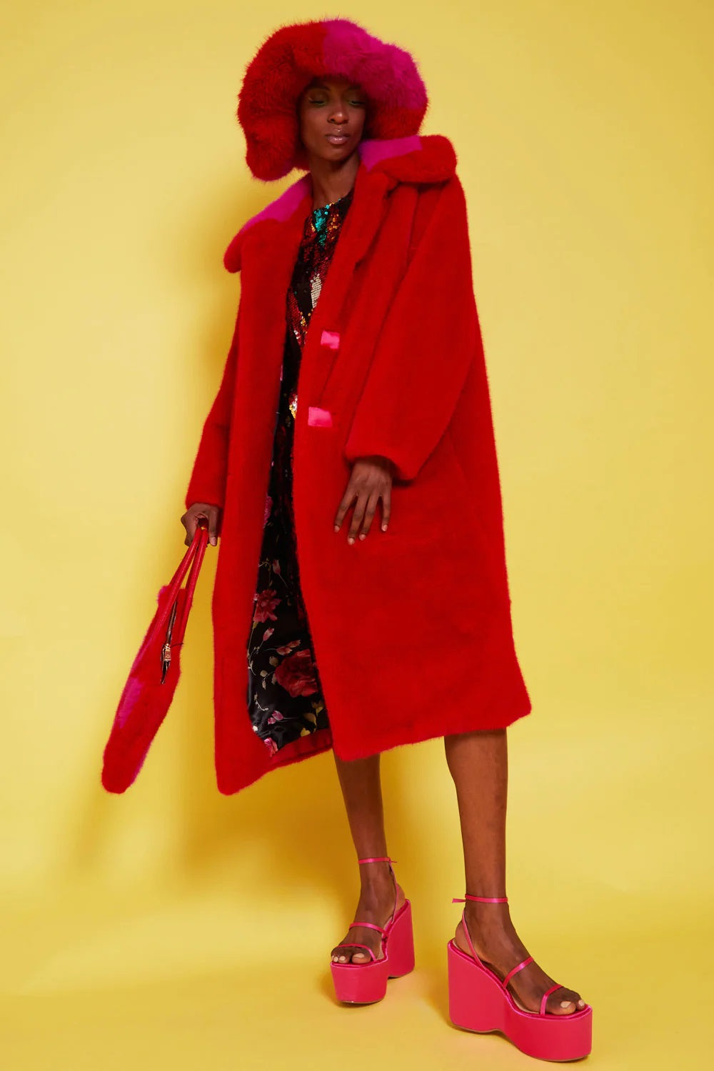 Bamboo Faux Fur Red Midi Coat with Pink Collar-Faux Fur Coats-Buy Me Fur Ltd-S-M-Red-Bamboo-Urbanheer