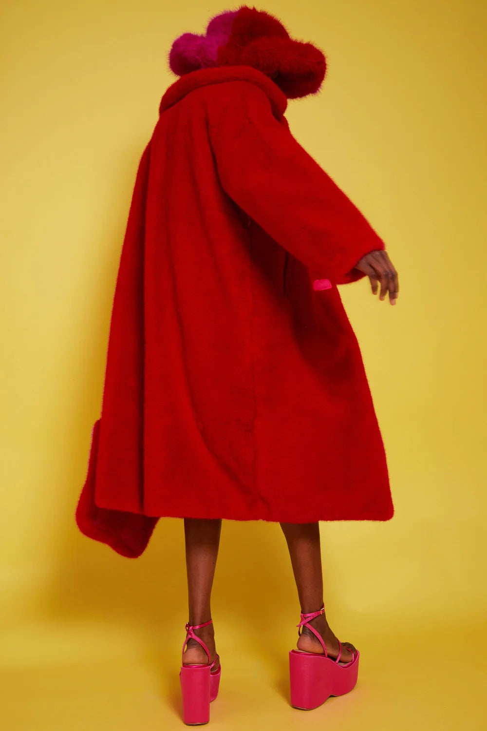 Bamboo Faux Fur Red Midi Coat with Pink Collar-Faux Fur Coats-Buy Me Fur Ltd-S-M-Red-Bamboo-Urbanheer