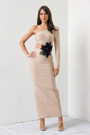 Bandage One Shoulder Midi Dress with Flower Patch BEIGE-Dress-RIVIR-S-BEIGE-Urbanheer