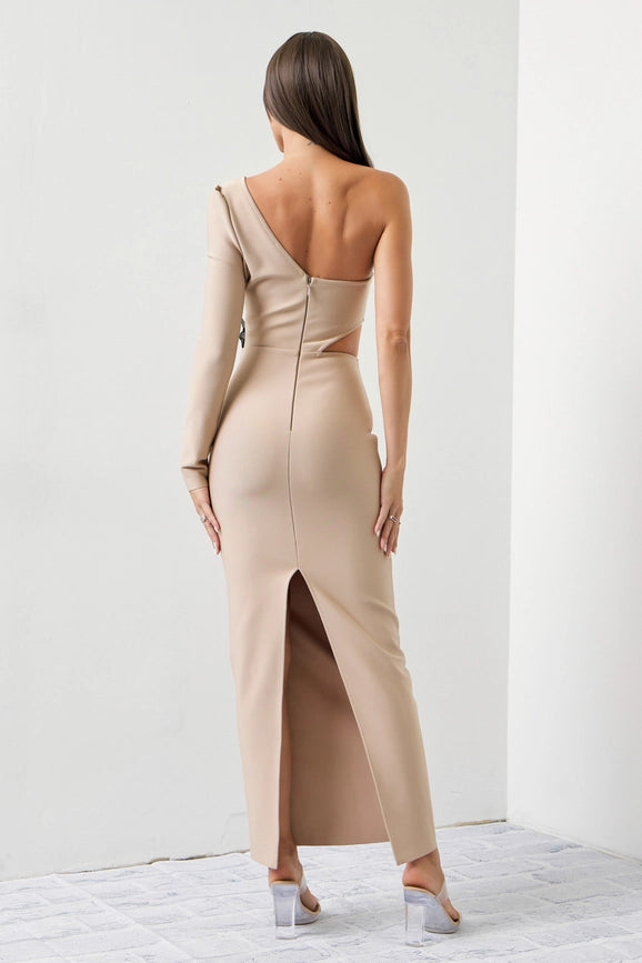 Bandage One Shoulder Midi Dress with Flower Patch BEIGE-Dress-RIVIR-S-BEIGE-Urbanheer