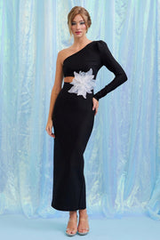 Bandage One Shoulder Midi Dress with Flower Patch BLACK-Dress-RIVIR-S-BLACK-Urbanheer