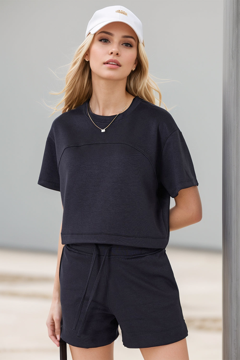 Basic Bae Drawstring Hem Air Scuba Round Neck Short Sleeve T-Shirt-Street 360-Cream-S-Urbanheer