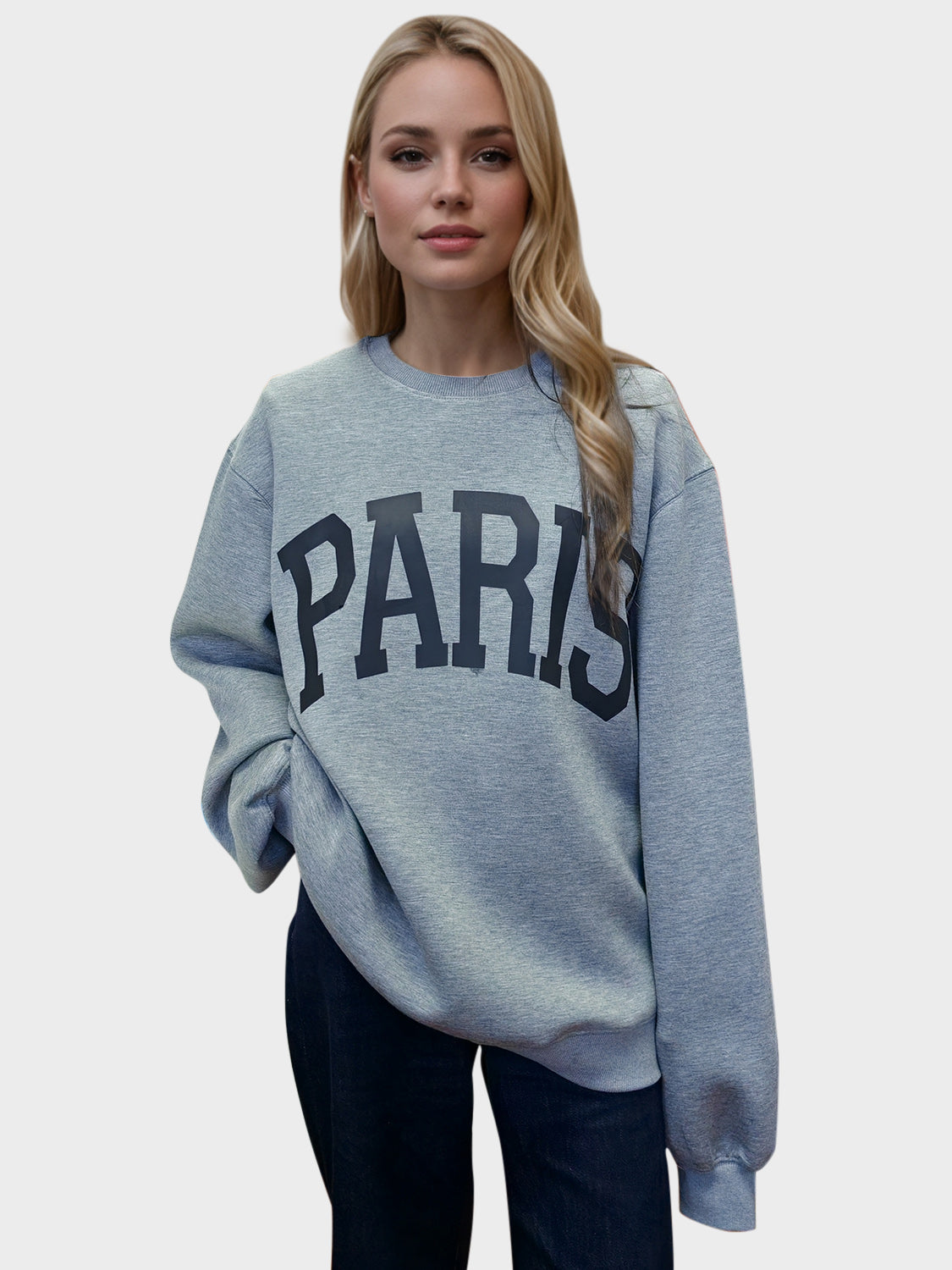Basic Bae PARIS Round Neck Long Sleeve Air Scuba Sweatshirt-Street 360-Gray-S-Urbanheer