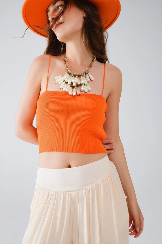 Basic Knitted Top in Orange with Thin Straps-TOP-Q2-S-Orange-Urbanheer