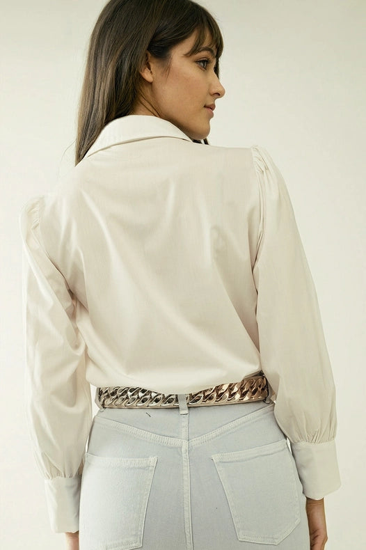 Basic Poplin White Shirt With Balloon Long Sleeves-Shirts for Women-Q2-L-White-Urbanheer