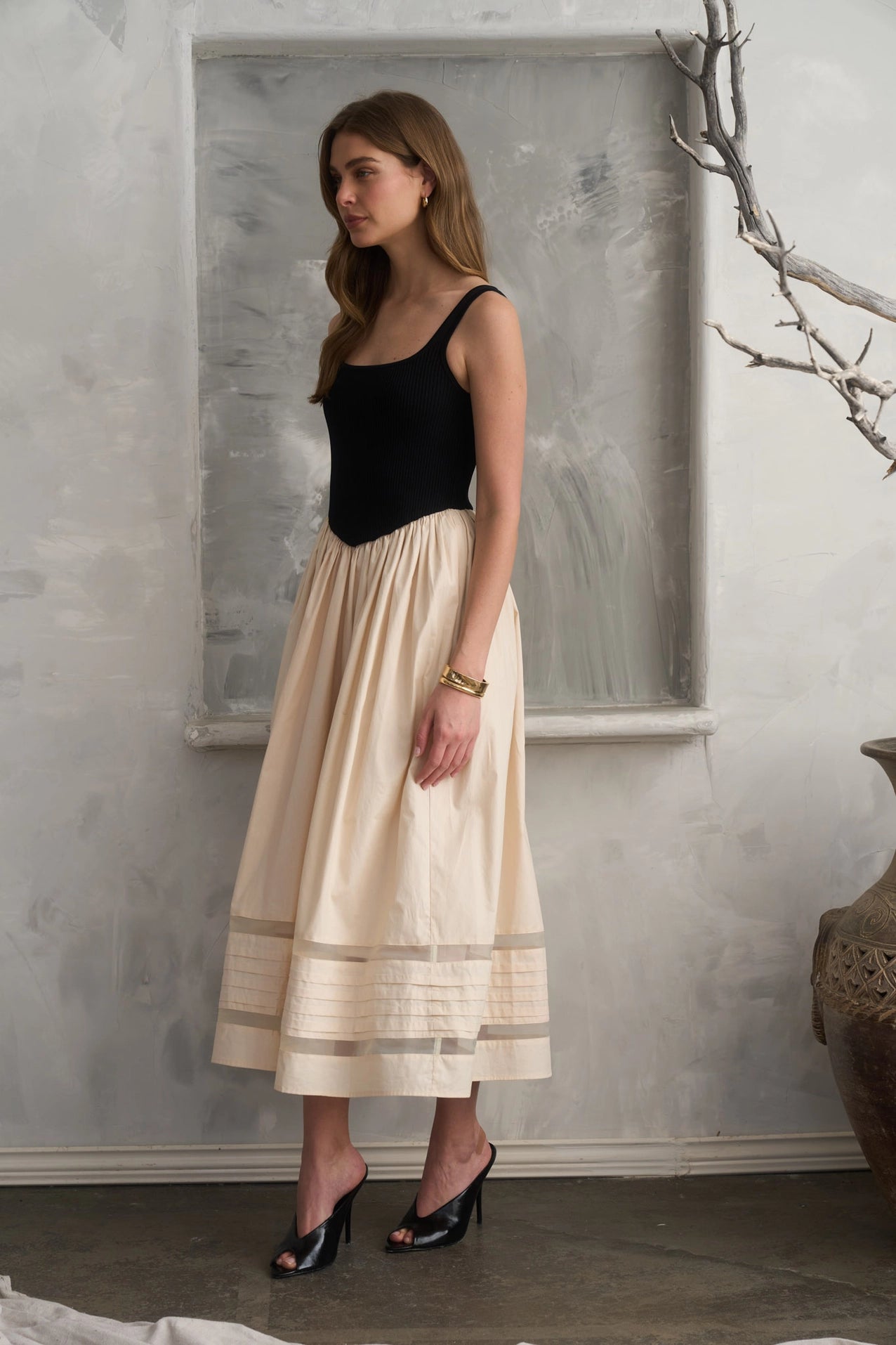 Basque Waist Sheer Insert Twofer Midi Dress