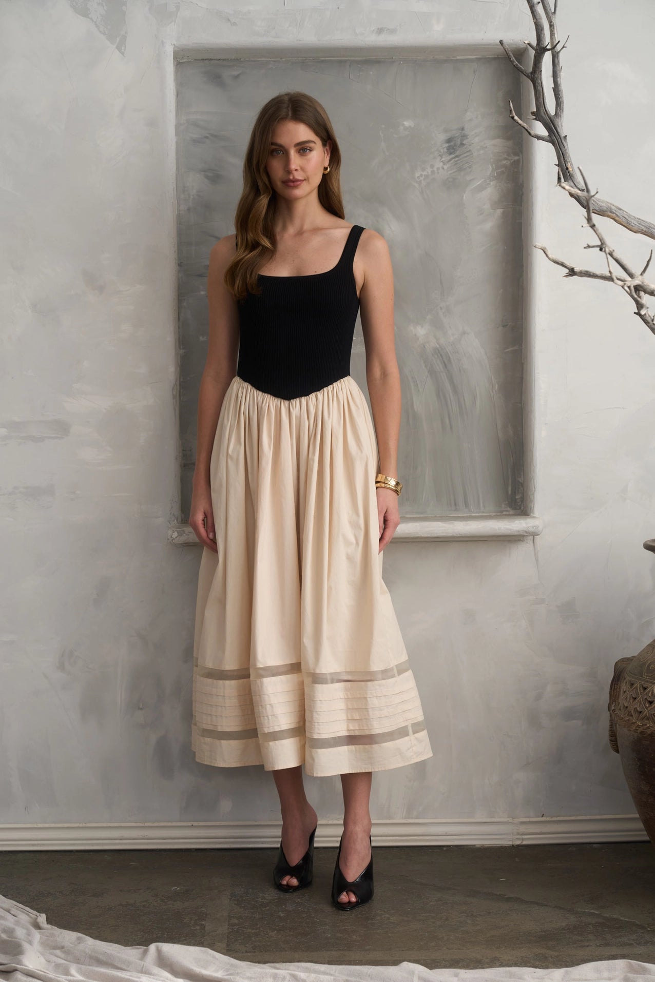 Basque Waist Sheer Insert Twofer Midi Dress