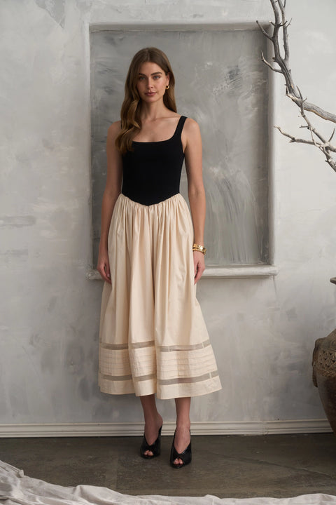 Basque Waist Sheer Insert Twofer Midi Dress