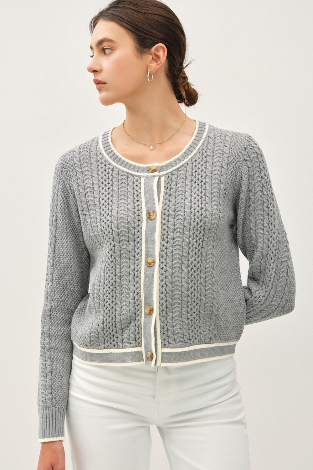 Be Cool Cable Knit Long Sleeve Contrast Edge Cardigan-Street 360-Gray-S-Urbanheer