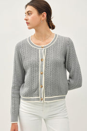 Be Cool Cable Knit Long Sleeve Contrast Edge Cardigan-Street 360-Gray-S-Urbanheer