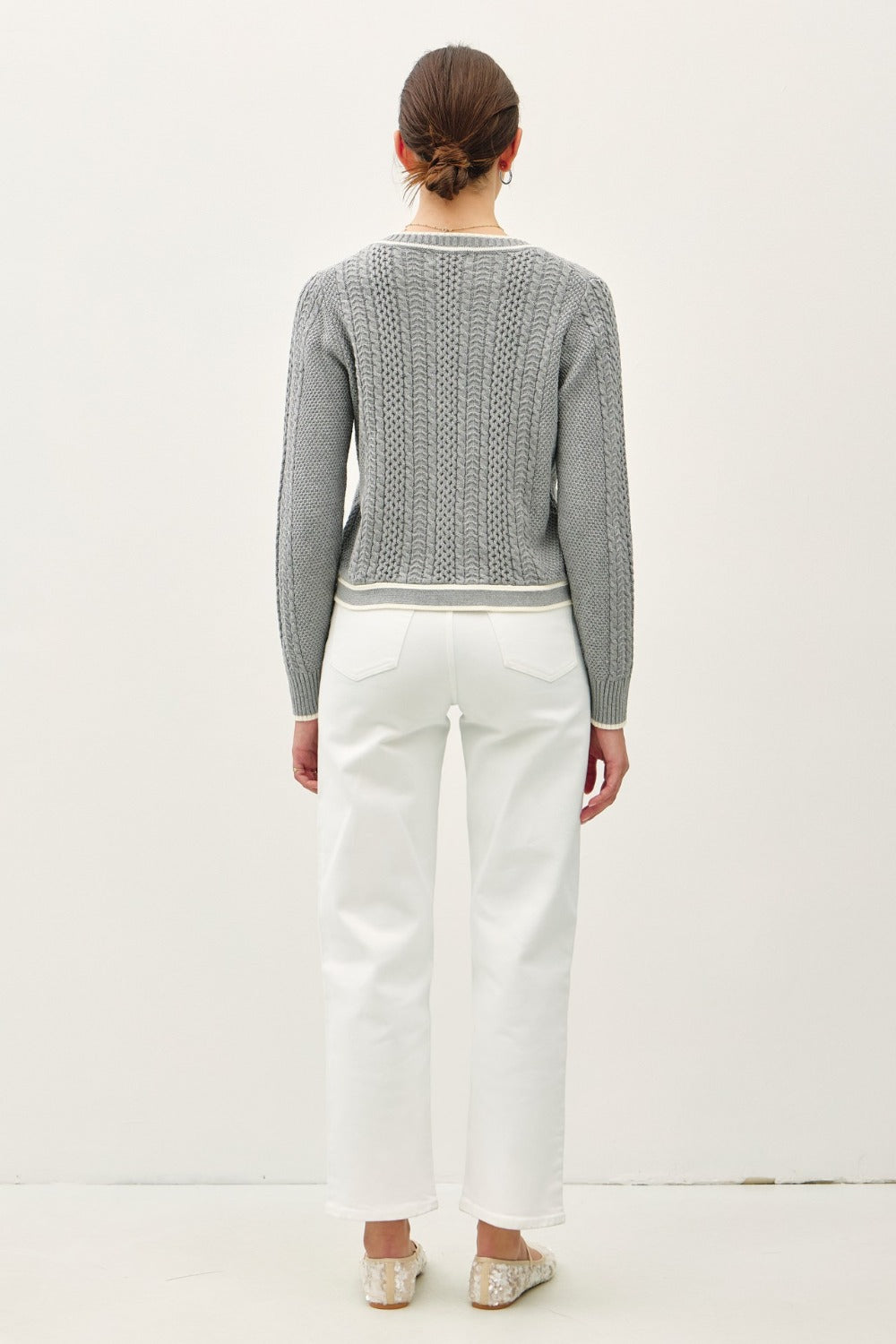 Be Cool Cable Knit Long Sleeve Contrast Edge Cardigan-Street 360-Gray-S-Urbanheer