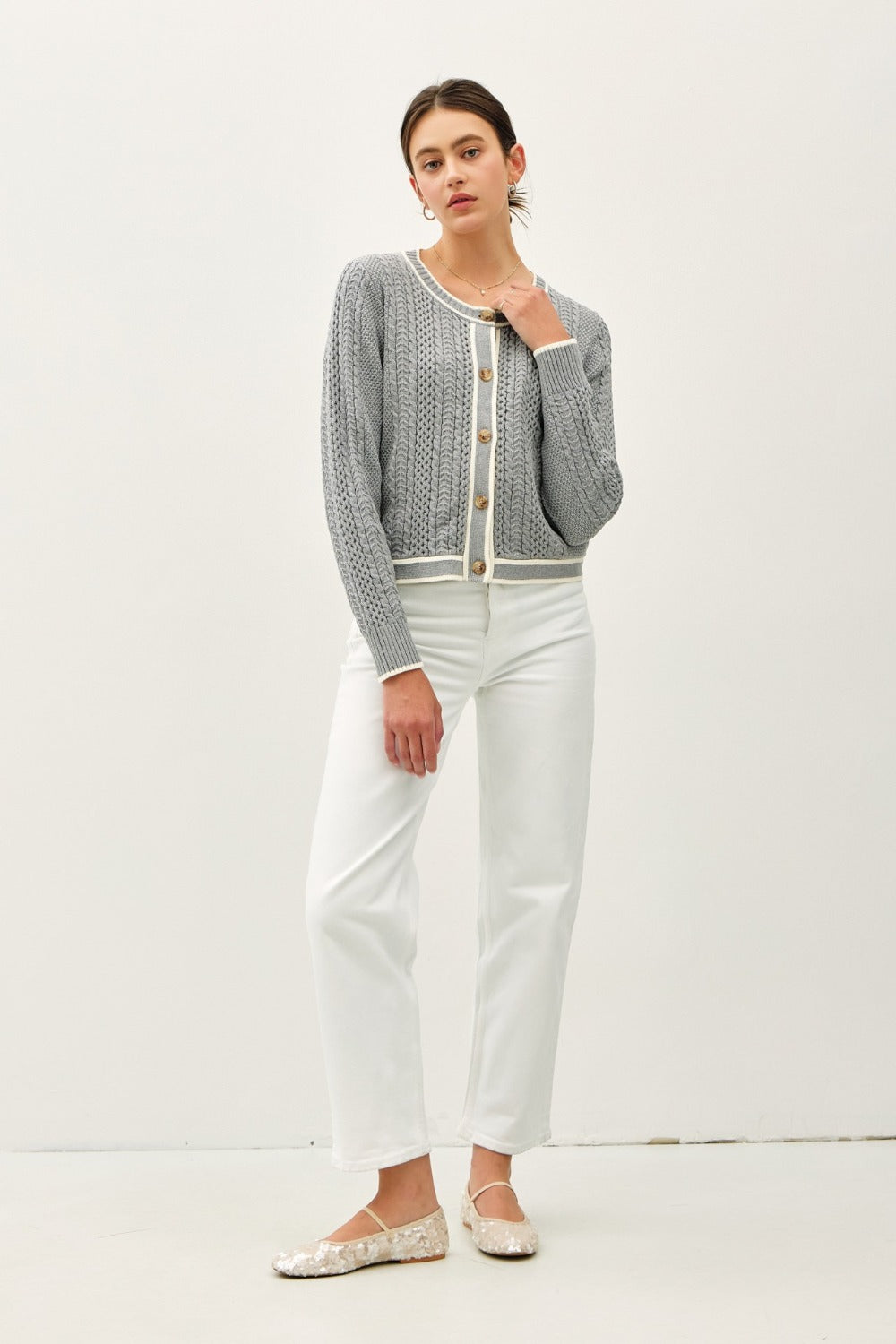 Be Cool Cable Knit Long Sleeve Contrast Edge Cardigan-Street 360-Gray-S-Urbanheer