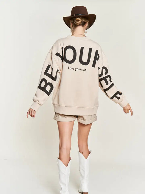 Be Yourself Love Yourself Printed Oversized Sweatshirt BEIGE-Sweatshirt-JADE BY JANE-S-BEIGE-Urbanheer