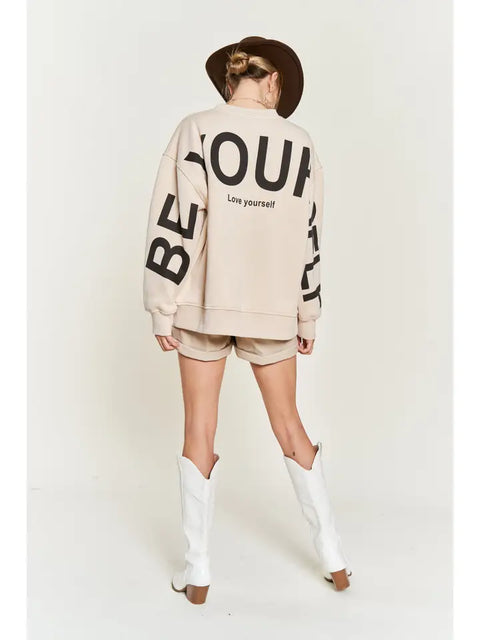 Be Yourself Love Yourself Printed Oversized Sweatshirt BEIGE-Sweatshirt-JADE BY JANE-S-BEIGE-Urbanheer