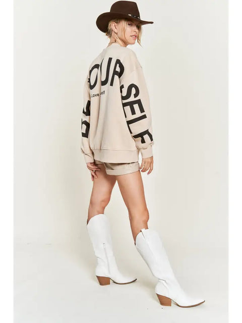 Be Yourself Love Yourself Printed Oversized Sweatshirt BEIGE-Sweatshirt-JADE BY JANE-S-BEIGE-Urbanheer