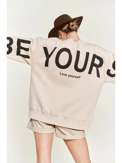 Be Yourself Love Yourself Printed Oversized Sweatshirt BEIGE-Sweatshirt-JADE BY JANE-S-BEIGE-Urbanheer