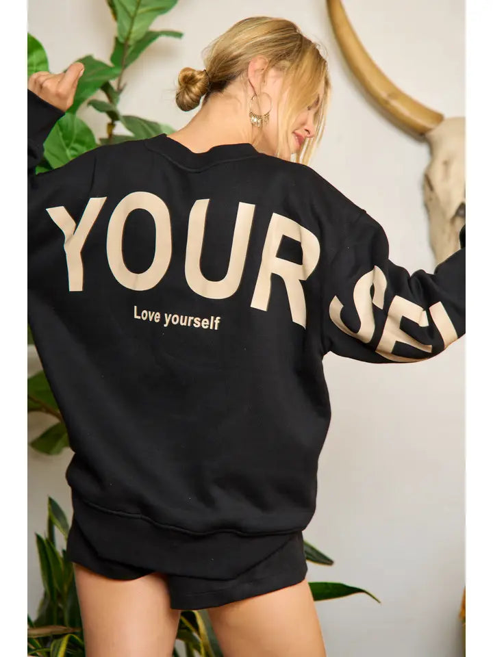 Be Yourself Love Yourself Printed Oversized Sweatshirt BLACK-Sweatshirt-JADE BY JANE-S-BLACK-Urbanheer