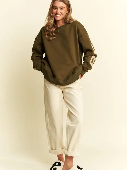 Be Yourself Love Yourself Printed Oversized Sweatshirt OLIVE-Sweatshirt-JADE BY JANE-S-OLIVE-Urbanheer