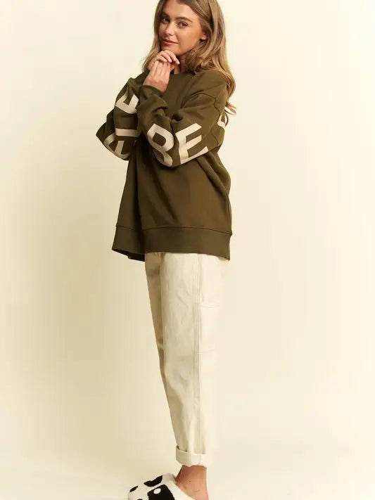 Be Yourself Love Yourself Printed Oversized Sweatshirt OLIVE-Sweatshirt-JADE BY JANE-S-OLIVE-Urbanheer