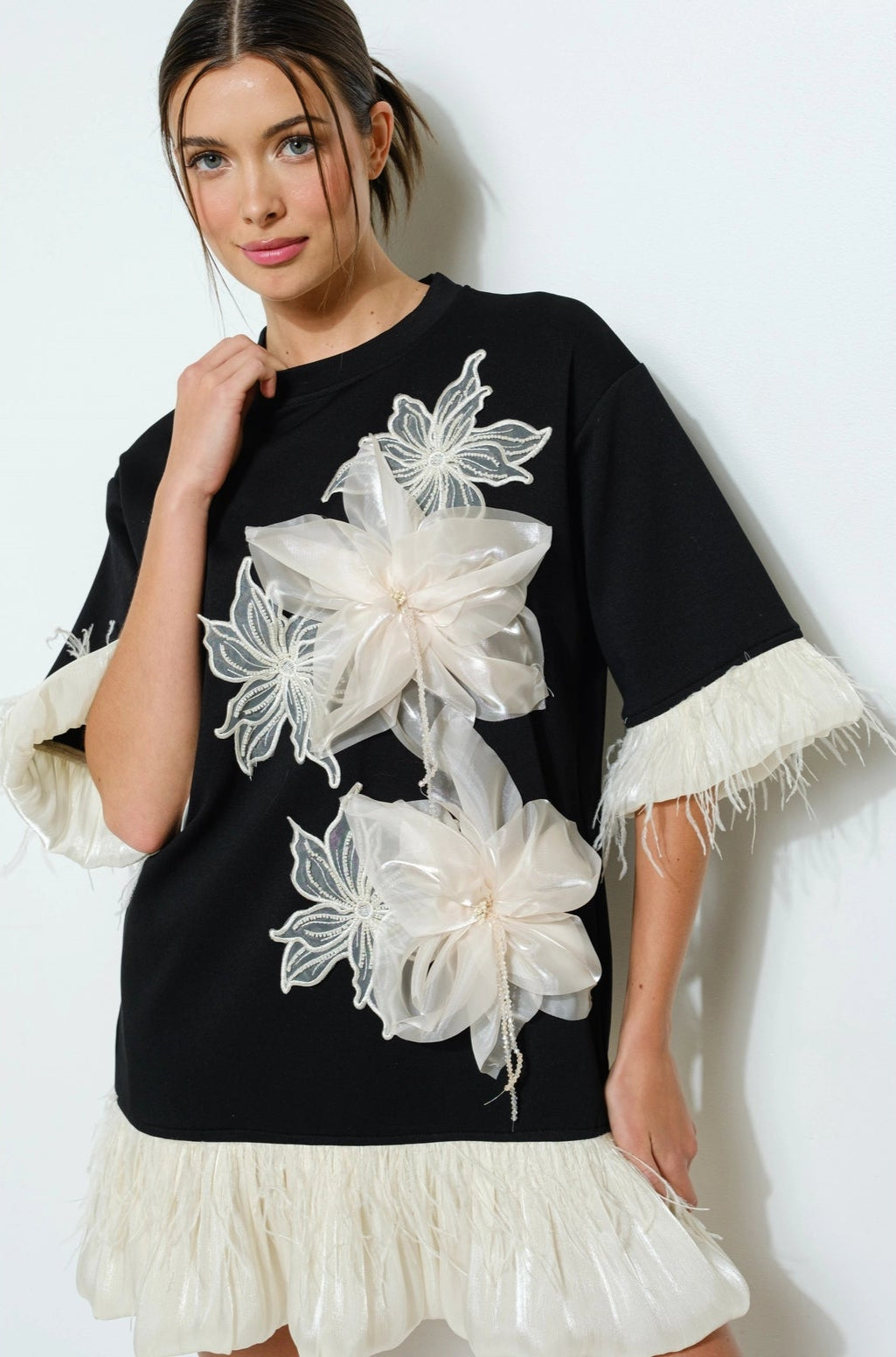 Bead Embellished Floral Applique Mini Dress