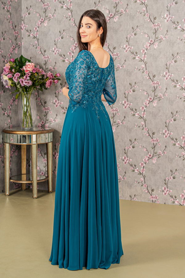 Bead Embroidery Sheer Neckline Chiffon Mermaid Long Dress-Mob-Tux-USA-S-Teal-Urbanheer