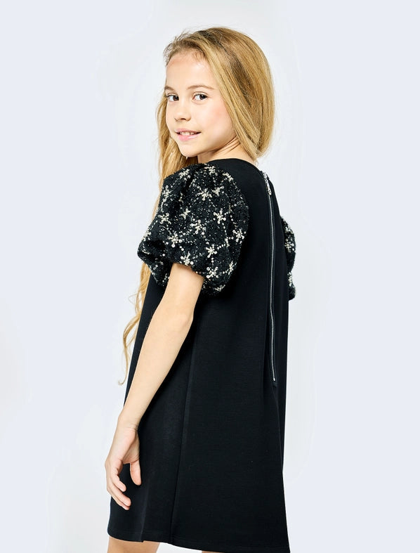 Beaded Bubble Slv Shift Dress-Dress-Hannah Banana-12-BLACK-Urbanheer