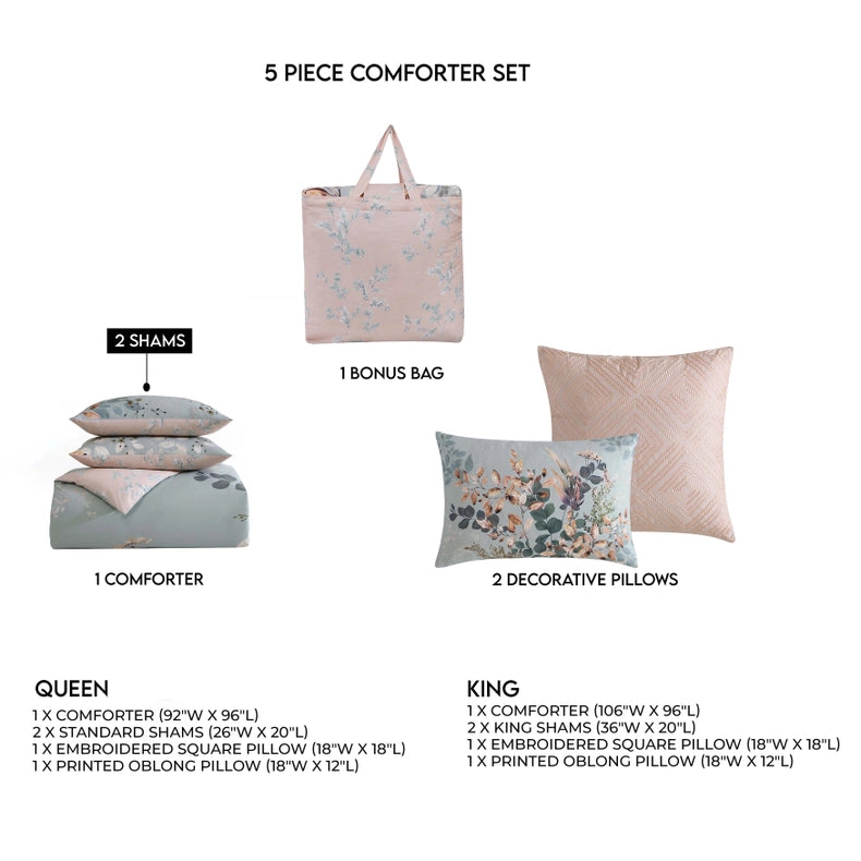 Bebejan Peach Leaves On Sage 5-Piece Comforter Set-Set-Bebejan-Queen-Urbanheer