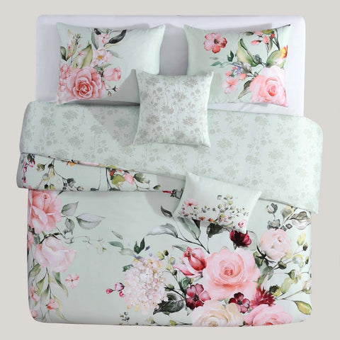 Bebejan Rose On Misty Green 100% Cotton 5Piece Comforter Set-Set-Bebejan-Queen-Urbanheer