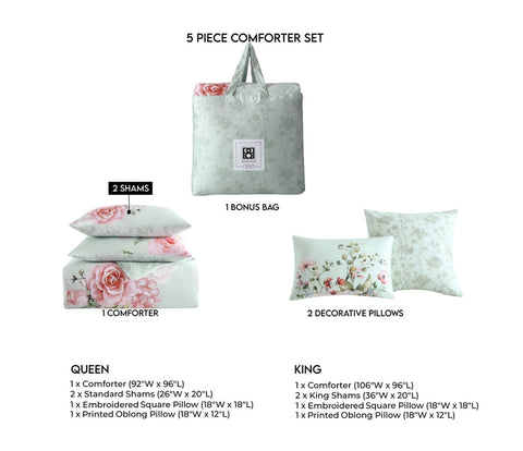 Bebejan Rose On Misty Green 100% Cotton 5Piece Comforter Set-Set-Bebejan-Queen-Urbanheer