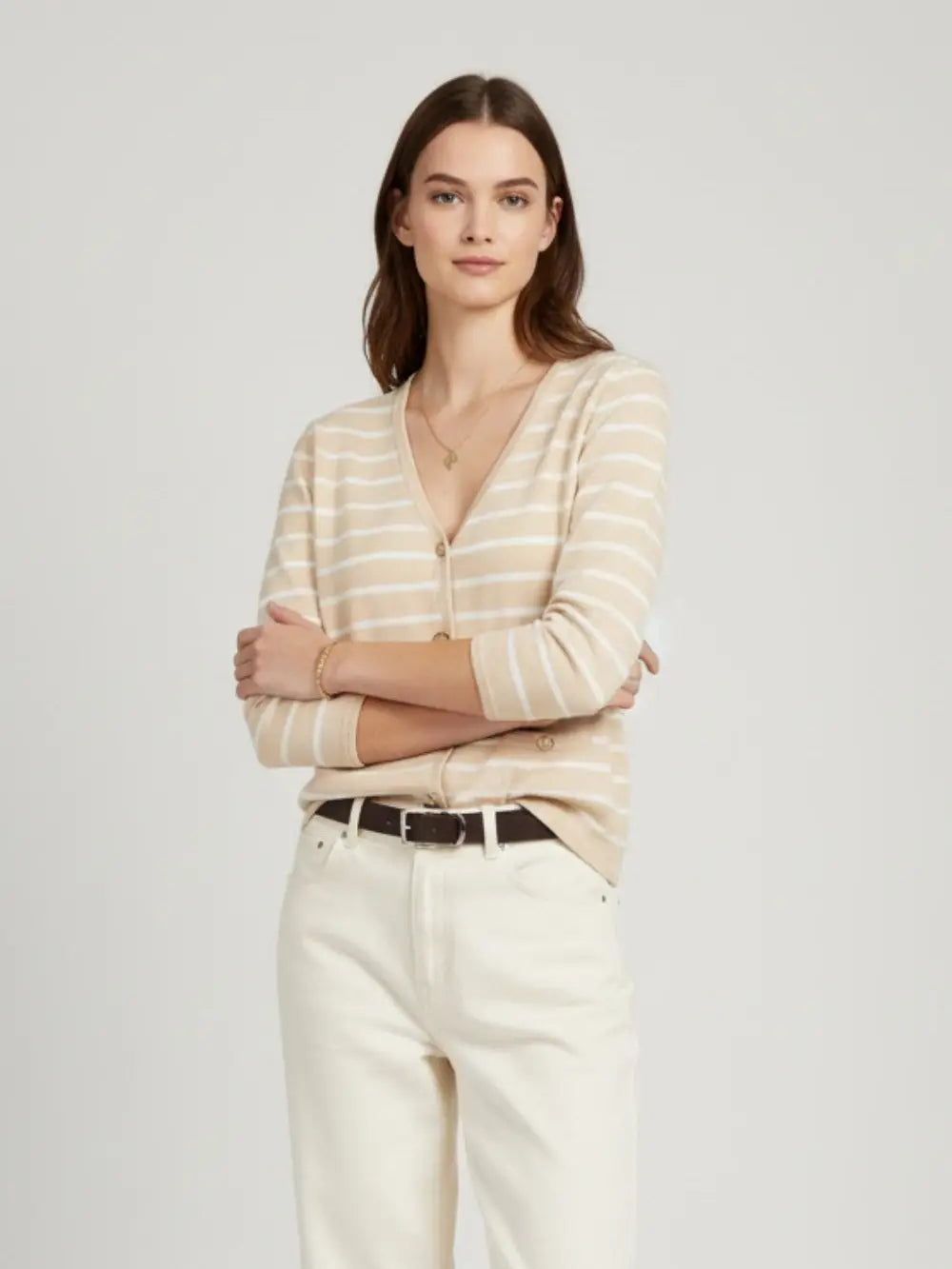 Beige Cardigan with White Stripes and Gold Buttons