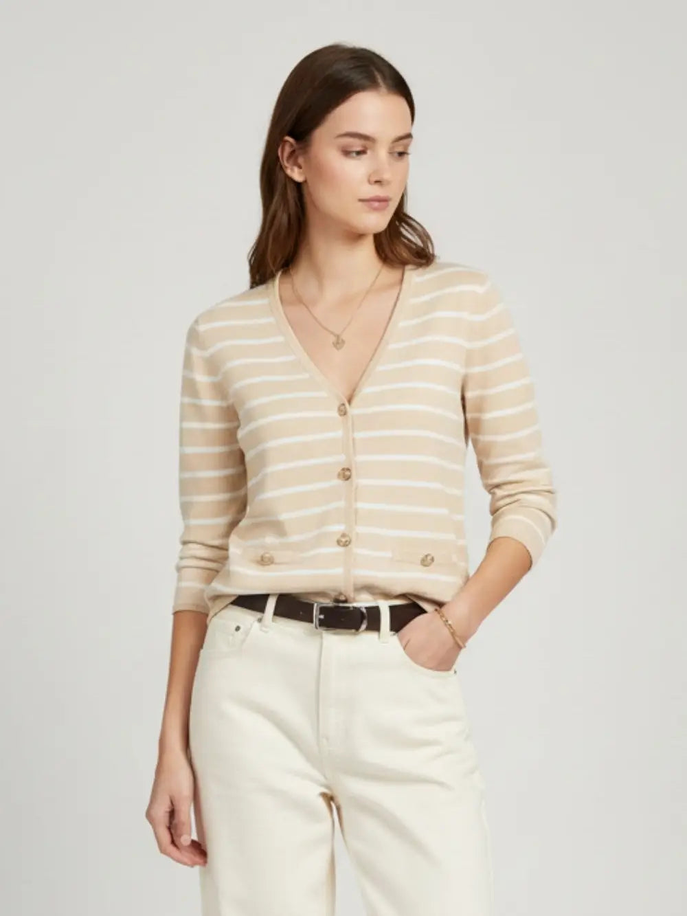 Beige Cardigan with White Stripes and Gold Buttons