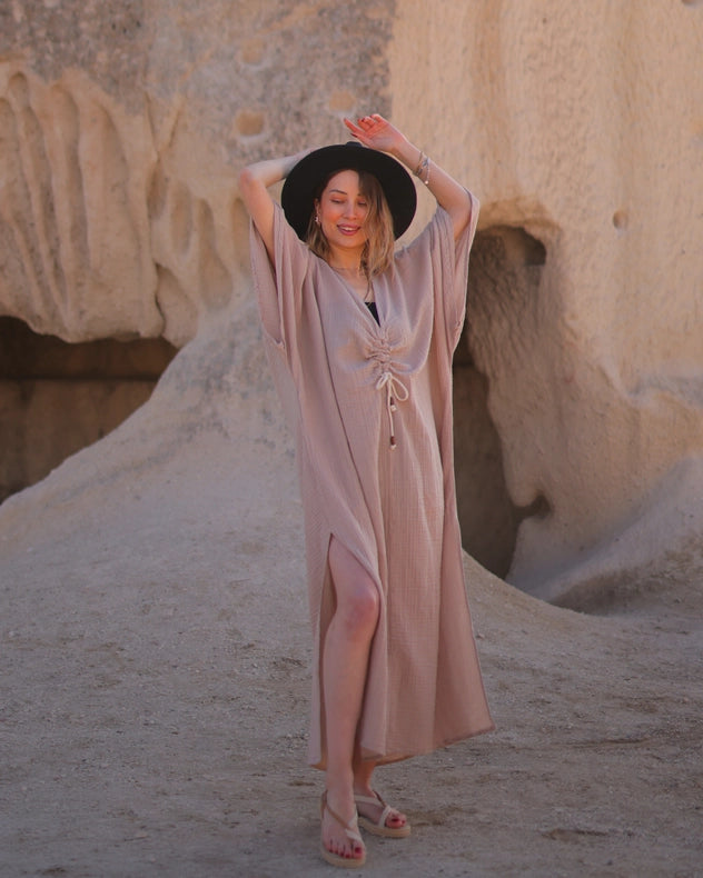 Beige Crinkle Cotton Comfort Kaftan Dress-Dress-Moa-Bust: 62"inches - (158 cm) Waist: 63"inches - (160 cm) Length: 52.5"inches - (133 cm)-Beige-Urbanheer